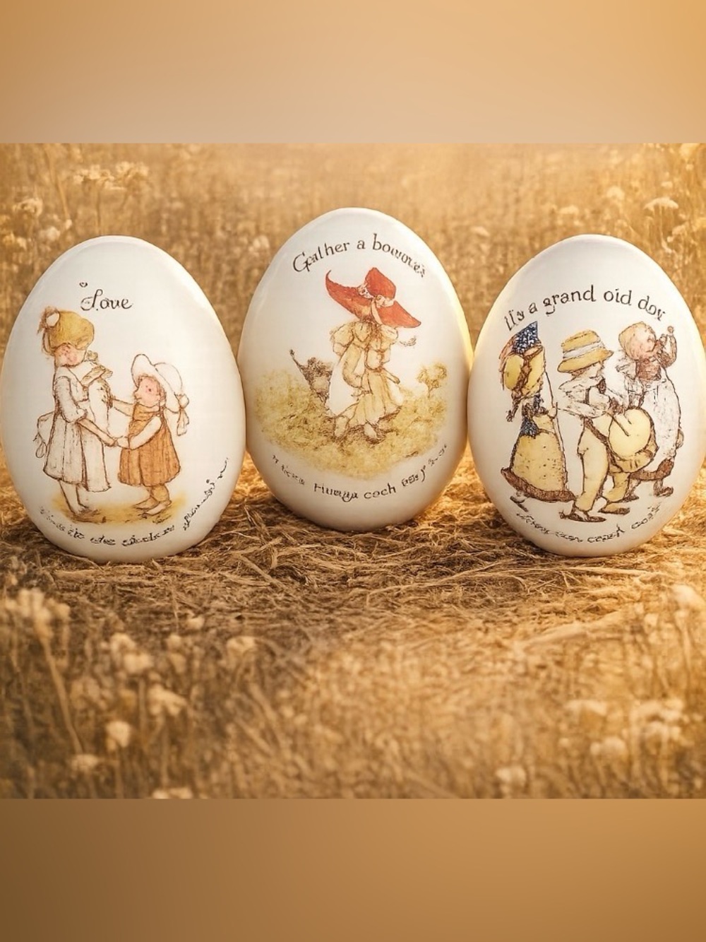 Vintage 1970s Holly Hobbie Porcelain Collectible Eggs Happy Quotes Japan